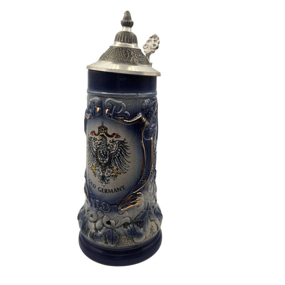 Vintage German Beer Stein Pewter Lid 0.5L Old Germany Blue Gray Armin Bay